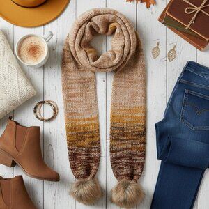 Frye Camel Multi Marl Knit Faux Fur Pom Pom Scarf